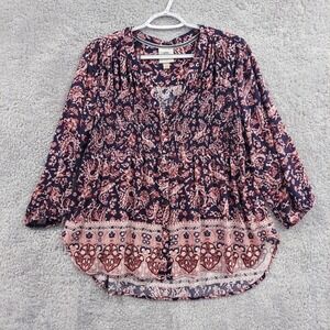 Knox Rose Women's Top Boho V-Neck Button Up Blouse Lg Floral Flowy 3/4 Sleeves‎